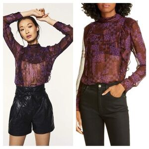 ba&sh / Mia Sheer Ruffled geometric purple silk Top M